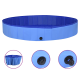 Blaues faltbares Haustier-Badewanne mit einem Ablassventil, in ovaler Form dargestellt, begleitet von Nahaufnahmen seiner Merkmale.