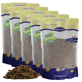 Fünf Beutel Lyra Pet Nature Power 1kg Kleintierfutter mit einem Haufen gemischter getrockneter Insekten davor.
