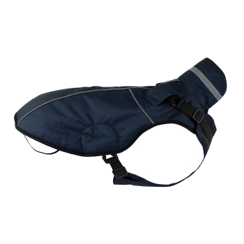Marineblaue Hundeschwimmweste mit reflektierenden Streifen, verstellbaren Riemen und einem gepolsterten Design für Sicherheit und Komfort.
