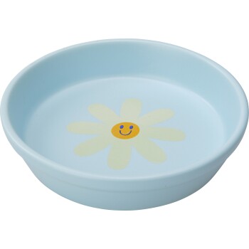 Pale blue round pet bowl featuring a smiling yellow daisy design inside