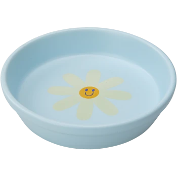 Pale blue round pet bowl featuring a smiling yellow daisy design inside