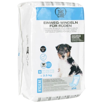 Couches jetables pour chiens mâles, avec un chien noir et blanc sur l'emballage, avec des options de taille S, M, L, XL pour les chiens de moins de 3,5 kg.