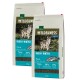 Zwei 12 kg Beutel Real Nature Wilderness Hundefutter für Erwachsene, gekennzeichnet mit einem Wolf und "70% Fisch, 30% Gemüse."