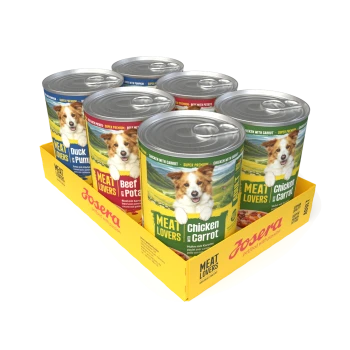 Sechserpack Dosen-Hundefutter in gelbem Träger, 'Meat Lovers'-Etiketten mit Hundeabbildung; sichtbare Sorten: Huhn & Karotte, Rind & Kartoffel, Ente & Kürbis