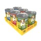Sechserpack Dosen-Hundefutter in gelbem Träger, 'Meat Lovers'-Etiketten mit Hundeabbildung; sichtbare Sorten: Huhn & Karotte, Rind & Kartoffel, Ente & Kürbis