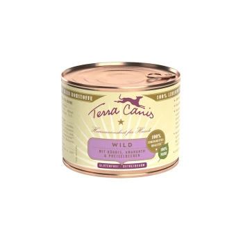 Classic Adult 12x200g Wild mit Kürbis, Preiselbeeren und Amaranth Eine Dose Terra Canis Hundefutter mit der Aufschrift "WILD", die Zutaten wie Kürbis, Amaranth und Cranberries enthält; glutenfrei und 100% natürlich.