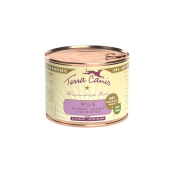 Eine Dose Terra Canis Hundefutter mit der Aufschrift "WILD", die Zutaten wie Kürbis, Amaranth und Cranberries enthält; glutenfrei und 100% natürlich.