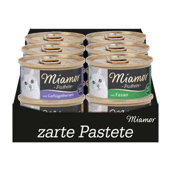 Sechs Dosen Miamor Katzenfutter in einer schwarzen Box, mit den Geschmäckern "mit Geflügelherzen" und "mit Fasan", mit einem Bild einer weißen Katze.