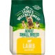 Dog food bag labeled "James Wellbeloved" featuring "Adult Small Breed" formula with "Lamb and Rice" for dogs aged 6 months to 10 years.