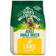 Dog food bag labeled "James Wellbeloved" featuring "Adult Small Breed" formula with "Lamb and Rice" for dogs aged 6 months to 10 years.