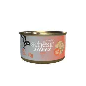 Can of Schesir Silver Complete grain-free chicken wet cat food for senior cats 11+, 70g.