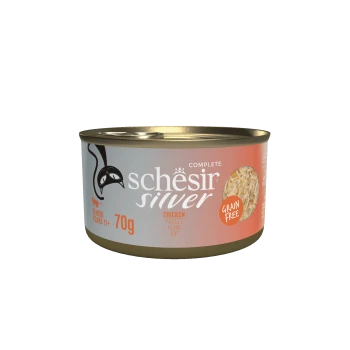 Can of Schesir Silver Complete grain-free chicken wet cat food for senior cats 11+, 70g.