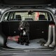 Ein schwarzer Hund sitzt auf einem grauen Haustierbett im hinteren Teil eines Autos, mit einer karierten Decke und Gummistiefeln in der Nähe.