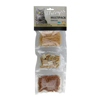 Dreierpack transparente Beutel mit Katzensnacks, graue Katze auf dem Header, Schriftzug 'MULTIPACK SNACKS'.