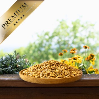 Eine Holzschüssel mit goldenem Hundefutter auf einer Holzoberfläche, umgeben von grünen Pflanzen und bunten Blumen, mit einem goldenen Banner "PREMIUM".