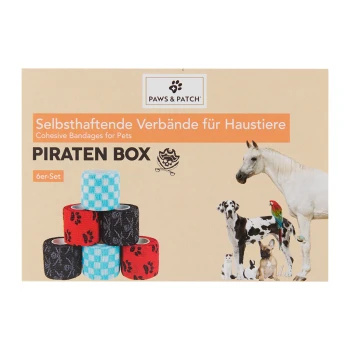 Kohäsive Verbände für Haustiere in einer "Piraten Box"-Verpackung, mit bunten Rollen und Bildern verschiedener Tiere wie Hunde, einem Pferd und einem Papagei.