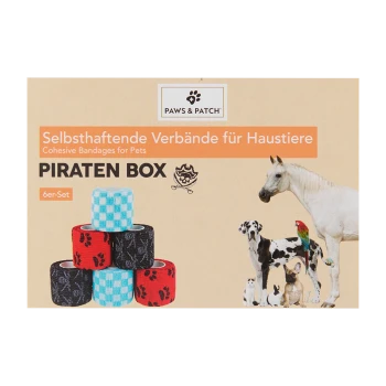 Bandages cohésifs pour animaux dans un emballage "Piraten Box", présentant des rouleaux colorés et des images de divers animaux comme des chiens, un cheval et un perroquet.