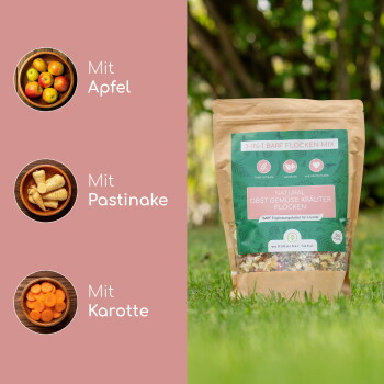 Verpackung einer natürlichen Hundefuttermischung mit Äpfeln, Pastinaken und Karotten, mit Text, der die Zutaten und Vorteile hervorhebt.