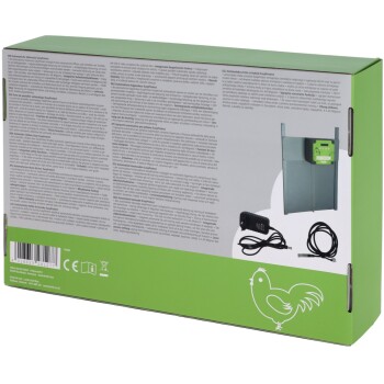 Verpackungskarton für EasyProtect automatischen Hühnerstalltüröffner mit Bildern des Geräts, Kabeln und einem Hahn-Symbol.