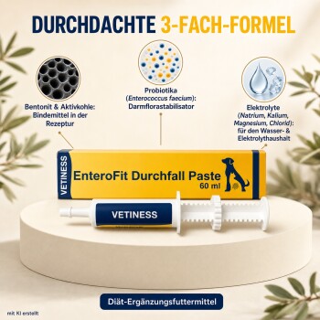 VETINESS EnteroFit Durchfall-Paste 60 ml Box und Spritze mit Hunde-Icon; Überschrift ‚DURCHDACHTE 3-FACH-FORMEL‘.