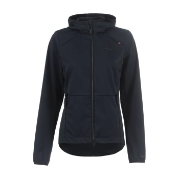 Softshelljacke CavalFlex 42 - EU Eine marineblaue Damenjacke mit Kapuze, mit einem Reißverschluss vorne und Seitentaschen, vor einem weißen Hintergrund präsentiert.