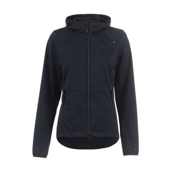 Eine marineblaue Damenjacke mit Kapuze, mit einem Reißverschluss vorne und Seitentaschen, vor einem weißen Hintergrund präsentiert.