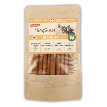 HempSnack Dental Care Hundeleckerlis in einem wiederverschließbaren Beutel, mit 83% frischem Fleisch, ohne Getreide und Gluten, mit einem Hanfblatt-Icon.