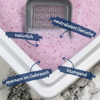 Weißes Tablett mit rosa Katzenstreu, beschriftet "natürlich," "neutralisiert Gerüche," "sparsam im Gebrauch," und "klumpend."