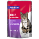 Katzenfutterbeutel mit einer getigerten Katze, beschriftet 'FIT+FUN JELLY mit Huhn & Ente' mit Übersetzungen und einer Gewichtsangabe von 100g.