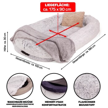 Gemütliches Haustierbett mit einer Matratze aus Memory-Schaum, Abmessungen beschriftet: Liegefläche 175x90 cm, Gesamtlänge 190 cm, Höhe 30 cm und Breite 105 cm.