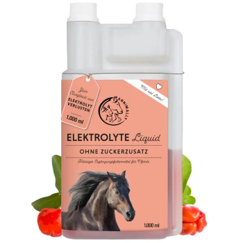 Elektrolytlösung für Pferde in einer 1000 ml Flasche, mit einem schwarzen Pferd auf dem Etikett, mit dem Text "OHNE ZUCKERZUSATZ".