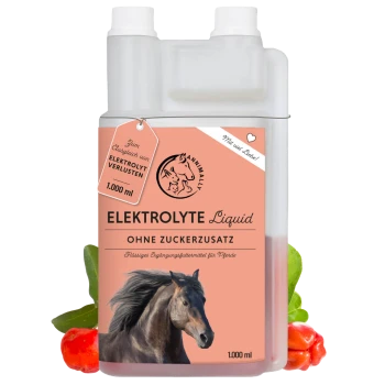 Elektrolytlösung für Pferde in einer 1000 ml Flasche, mit einem schwarzen Pferd auf dem Etikett, mit dem Text "OHNE ZUCKERZUSATZ".