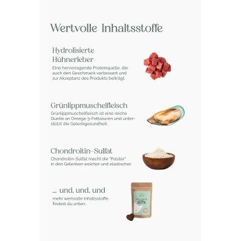 Bild zeigt Zutaten für Haustierfutter: hydrolysiertes Hühnerleber, Grünlippmuschel-Fleisch und Chondroitinsulfat, neben einer Produktverpackung.
