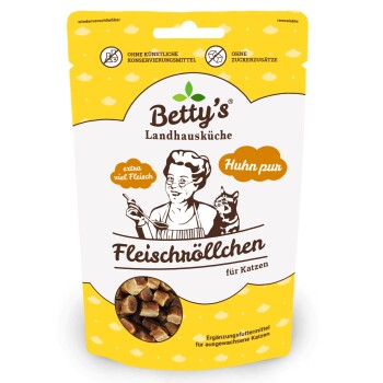 Gelbe Betty's Landhausküche Katzentüte 'Fleischröllchen' Huhn pur, mit Koch- und Katzenillustration, Sichtfenster mit Leckerlis.