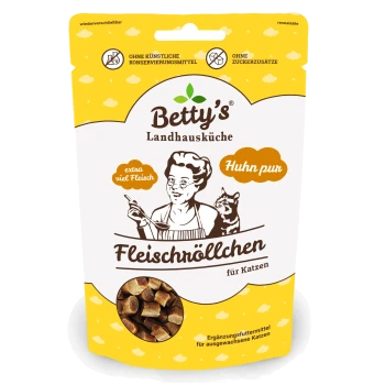 Gelbe Betty's Landhausküche Katzentüte 'Fleischröllchen' Huhn pur, mit Koch- und Katzenillustration, Sichtfenster mit Leckerlis.