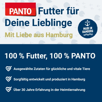 PANTO-Tierfutteranzeige: 'Futter für Deine Lieblinge – Mit Liebe aus Hamburg', '100% Futter, 100% PANTO' und 'Made in Hamburg'-Abzeichen.