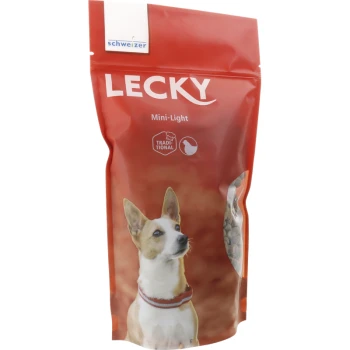 Rote Tasche mit LECKY Mini-Light Hundefutter, die ein Profilbild eines kleinen Hundes mit Halsband zeigt, beschriftet mit "Traditionell."