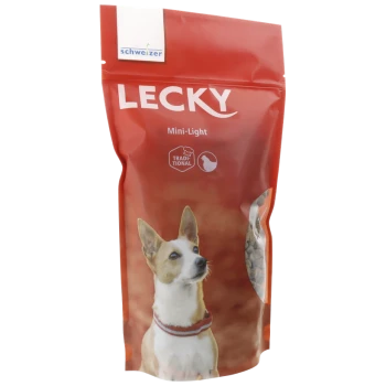 Rote Tasche mit LECKY Mini-Light Hundefutter, die ein Profilbild eines kleinen Hundes mit Halsband zeigt, beschriftet mit "Traditionell."