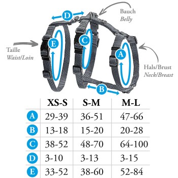 Diagramm eines Haustiergeschirrs mit verstellbaren Riemen, die mit A bis E beschriftet sind, zeigt Größenmessungen für XS-S, S-M und M-L.