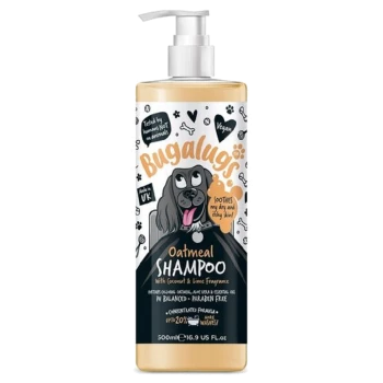 Flasche mit Bugalugs Haferflocken-Shampoo für Hunde, mit einem Cartoon-Hund, veganem Etikett und dem Anspruch, trockene, juckende Haut zu beruhigen.