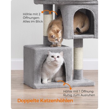 Ein grauer Katzenbaum mit zwei Höhlen: eine mit zwei Öffnungen und eine mit einer Öffnung zum Ausruhen.