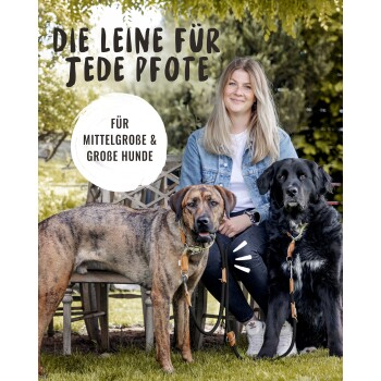 Anzeige für eine Leine mit einem gestromten und schwarzen Hund neben einer Frau in einer Jeansjacke. Text: "Leine für jeden Pfoten für mittelgroße & große Hunde."