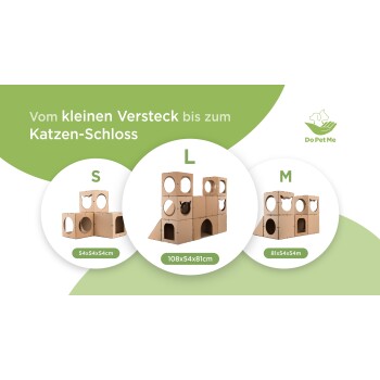 Pappkatzen-Spielhäuser in drei Größen: S (54x54x54cm), M (81x54x54cm) und L (108x54x81cm), mit verspielten Ausschnitten.