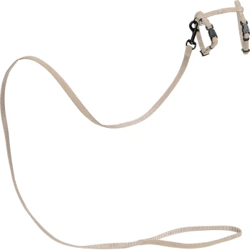 Royal cat harness with lead for small cats greige A beige pet leash with a matching harness, featuring adjustable straps and a metal clip for attachment.