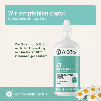 Flasche von AniForte® Vet Ohrreiniger (Tierarzt Ohrreiniger) mit Kamille, mit Text in Deutsch und Englisch über Anwendungsempfehlungen.