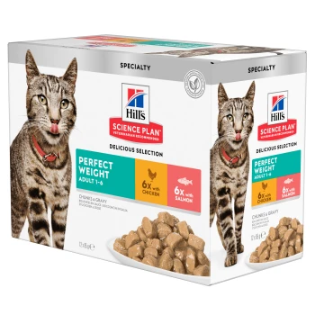 Hill's Science Plan Perfect Weight cat food box for adults 1-6, chunks & gravy, with chicken and salmon.