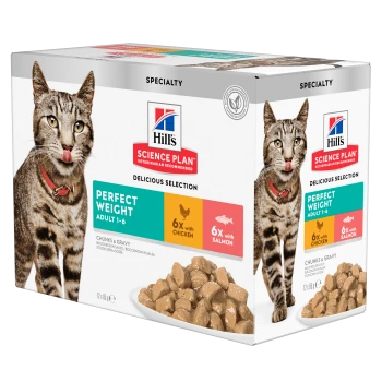 Hill's Science Plan Perfect Weight cat food box for adults 1-6, chunks & gravy, with chicken and salmon.