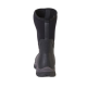 Schwarze wasserdichte Haustierstiefel mit einem Neopren-Obermaterial und Gummisohle, von hinten gezeigt, ideal für den Schutz im Freien.