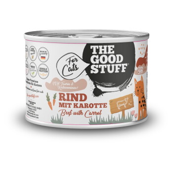 Katzendose mit der Aufschrift 'THE GOOD STUFF' und 'For Cats', 'RIND MIT KAROTTE'/'Beef with Carrot' und orangefarbener Katzenillustration