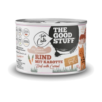 Katzendose mit der Aufschrift 'THE GOOD STUFF' und 'For Cats', 'RIND MIT KAROTTE'/'Beef with Carrot' und orangefarbener Katzenillustration